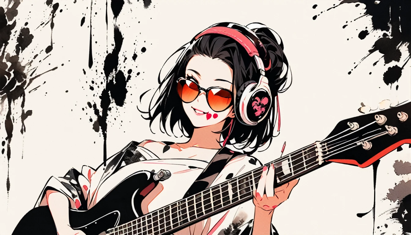 Fashion portrait color photos, (((Ink Painting))), (((1 girl))), (((Heart tattoo on face))), (((sunglasses))), Japanese style headphones, (((guitar bass))), Japanese Beauty, Black Hair, smile