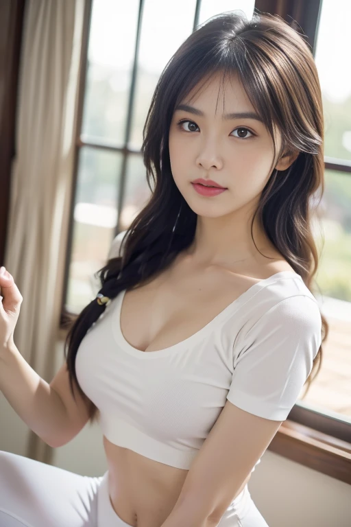 masterpiece, Best quality, Ultra-high resolution, High detail photos, Unity 8k wallpaper, Extremely detailed CG:1.2), Depth of Field, Bokeh, (original photo:1.Realistic Photography:1.4), (1 Girl:1.5), young, Physically based representation, beautiful, (Exquisite facial details:1.4, detailed服装), (detailed:1.4) christen (Hidemi Fukada:1.1) rest Cara hermosa, Depth of Field, Add layers, Surreal, 27 years old, Perfect body model, Perfect breasts, Height 175 cm, Strike sexy poses, whole body, whole body, Model body type, rest (White cropped top, White leggings:1.3), (Long hair:1.2), doble parpado rest sitting on a yoga mat, French Braid, Yoga poses, ((蓝色Yoga mat上)), Yoga mat, Yoga studio with large windows