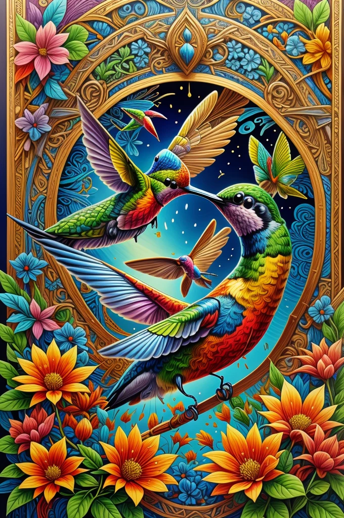 background with classic pattern border and a hummingbird drinking from a flower, close-up, center, bright and vibrant, (artwork:1.3) (best quality:1.2) (high quality:1.1)