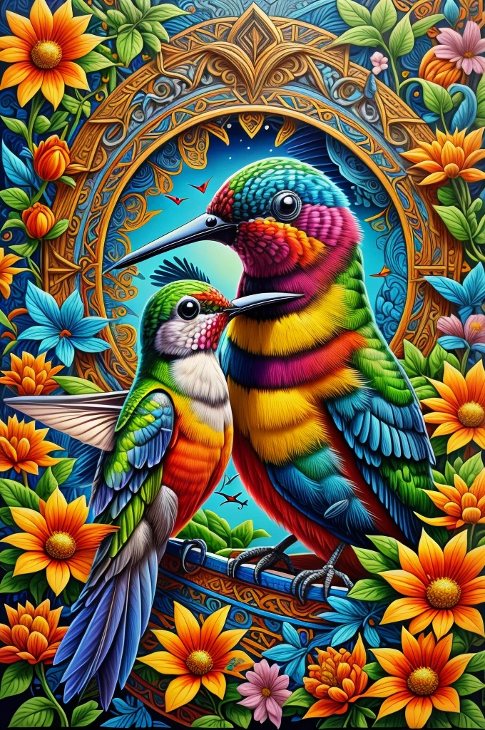 background with classic pattern border and a hummingbird drinking from a flower, close-up, center, bright and vibrant, (artwork:1.3) (best quality:1.2) (high quality:1.1)