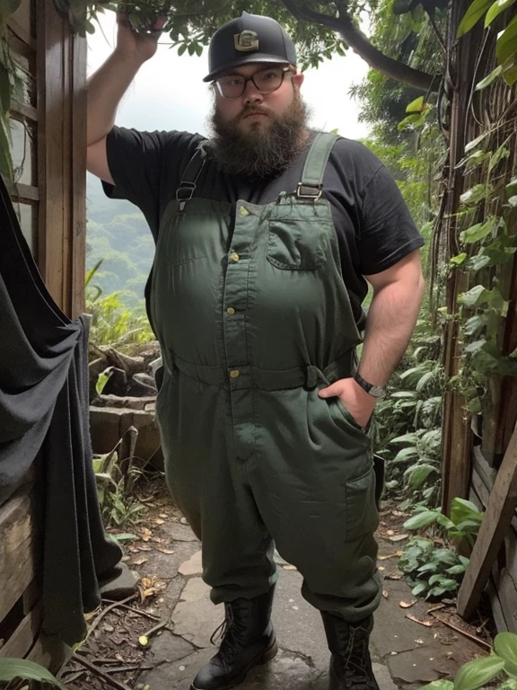 One boy, beard, Glasses, obesity, Explorer, coveralls, Helmet, Boots, Headlight, jungle, Lush, mysterious, ancient ruins, (Vintage Gear), Machete, Big tree々, Sunshine pours in, Animals in the wild, Dark green leaves, Vines, Labyrinthine, adventure, discovery, full body