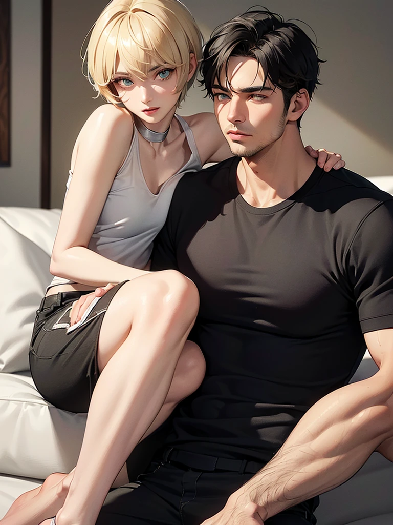 (absurdres, highres, ultra detailed), detailed face, perfect face, perfect lines, perfect eyes, enlarged textures, detailed eyes, 1woman, 1man, (beautiful, mature woman, (( blond hair)), green eye, ((pixie cut)),((parted bangs)),25 years old, slender body, Bullish gaze), ((messy hair, (black hair's guy), slant eyes, A man in his 20s with a cool expression, Handsome, tall muscular guy, broad shoulders guy), A woman is sitting on a man's lap, A man is smelling a woman's hair, Couple, romantic, sweet, romantic scenery, Cinema Lighting, Cinematic landscape, romantic, Soft Light, wallpaper, Expanding Landscape, smile, looking away