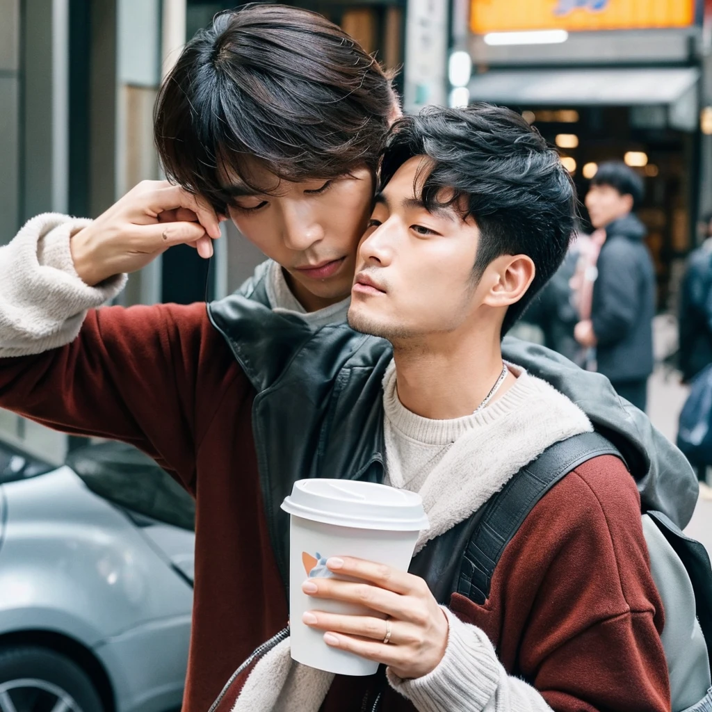 Korean man with above-the-shoulder hair. With a sign on his face drinking coffee in Tokyo