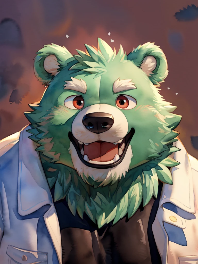 Scribble bear face, ((cute)),anthro, kemono, male, solo, ((round face, very plump face, thick beard)), (((dark beard))), ((endomorph body type, old-aged, mature)), ((green bear, bear) fluffy fur, fluffy), (high quality, highres, masterpiece), (dynamic lighting, vivid color), (generous smile), (face focus), front view (close up), cartoon, (((green bear))), (((green fur))), green hair, beard, white eyebrows, bald, red eyes, tall, (((black t-shirt inside, white long coat unhood, gray trousers, boots))), (close up:1.5), by takemoto arashi, by kamyuel, by milkytiger1145, by 96panda, generous smile, happy, open mouth, (watercolor \(medium\), IrisCompiet:1.2),front view, face focus, abstract background, fantasy, many colors, colorful, 