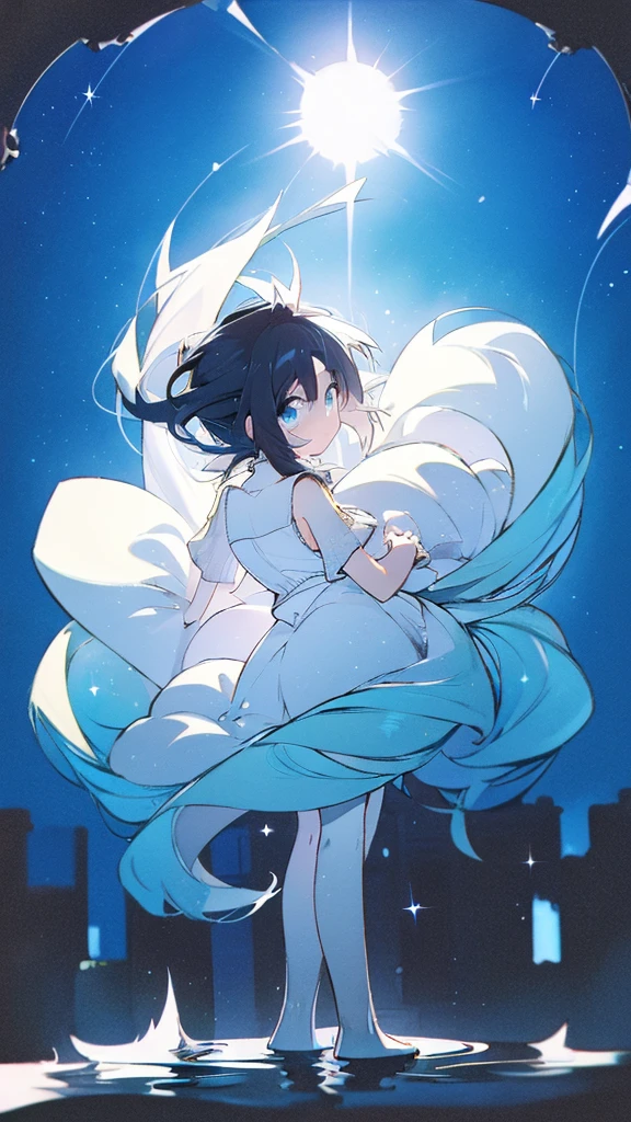 Seven-doppelganger shot，Anime style 4K,High quality anime art style，Standing painting，Splash ink background，Blue Themes、Pure white background,Buildings,Face close-up,Buildings,Moon and sun、Shining Star々,milky way,Bright Sky,Looking at me,Facing forward,Clear eyes and nose,cute,beautiful,Thin legs,standing by the water, black hair, girl, front, cute,Blue Background,profile
