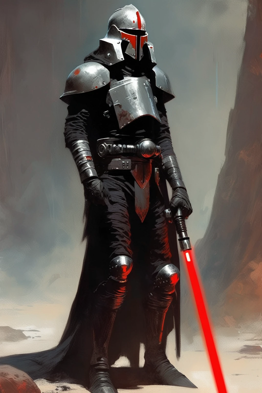 A inquisitor, sith with red lightsaber, concept art, cyberpunk, stranger, fighter, star wars style, black and silver heavy armor, heavy helmet, frank frazetta style, alone, alien ambient