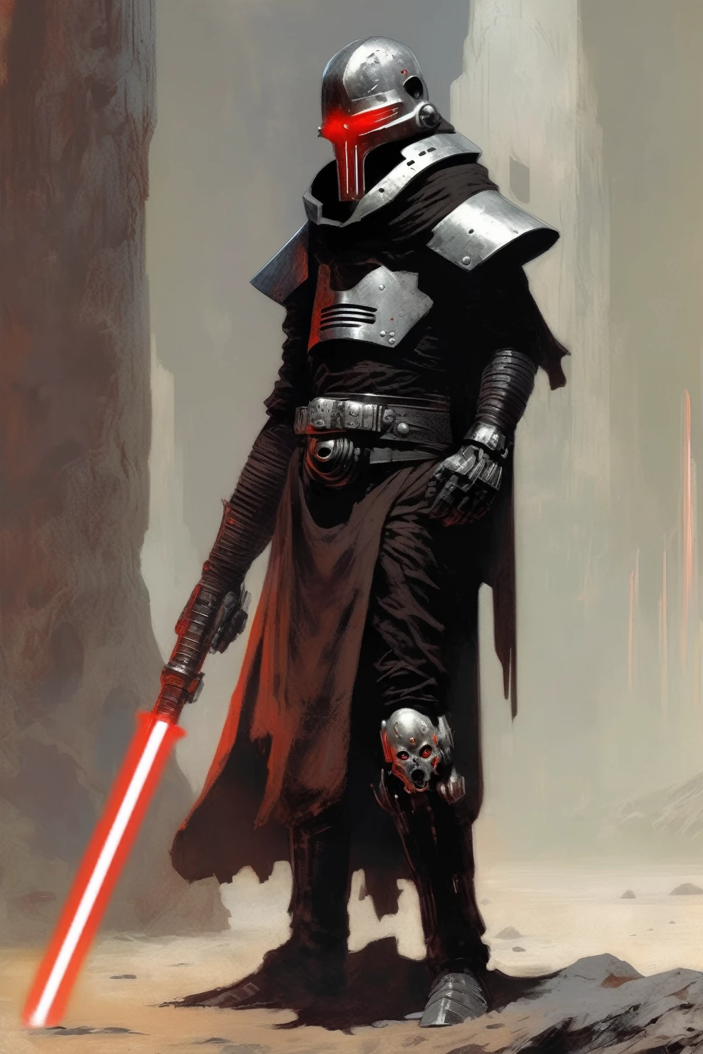 A inquisitor, sith with red lightsaber, concept art, cyberpunk, stranger, fighter, star wars style, black and silver heavy armor, heavy helmet, frank frazetta style, alone, alien ambient