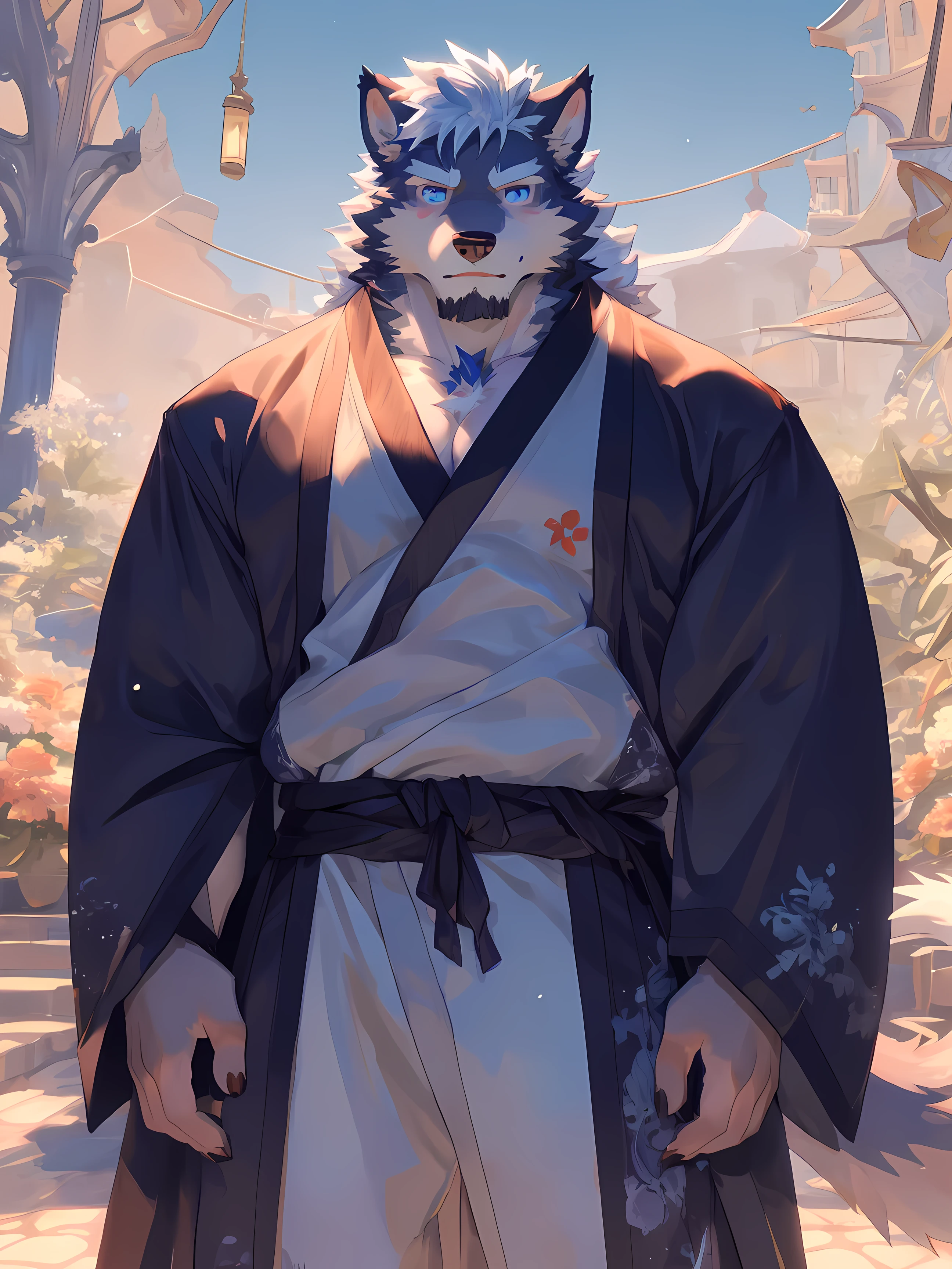 (Gorgeous platinum robe:1.4),(Great posture),(A gorgeous house in the background，The front is:1.5),(Abdominal muscles),Brave and Valiant,A perfect masterpiece,Various facial details,Close-up view,specific description,masterpiece，only，Hairy Male，Hairy chest，Wolf，Canines，silver white fur，Long white hair，The ends of the hair are silver，Bright blue eyes，charming，Handsome，Big Tail，Full body male love，Star magic，masterpiece，detailed，There is a star texture on the forehead，Robes