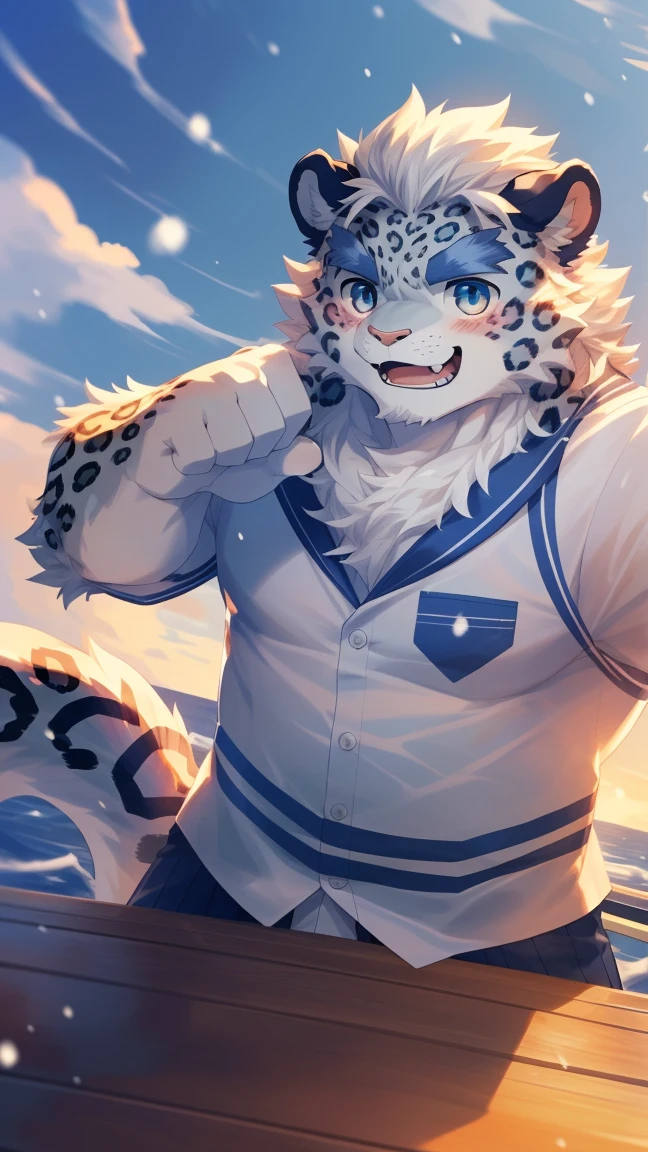 (Vision:1.5), solitary, anthropology, hairy, hairy male, snow leopard, ((Fluffy fur, Fluffy, hairy body)), (snow leopard print), (Thick eyebrows), youth, muscular, White and big skin, White fur, Blue-gray pupils, Detailed teeth, defaced face, fundos, sailor, Sea-striped shirt, 白色sailor帽, On deck, Sailing, sideways, Happy expression, blush, (Dynamic poses:1.5), Clear facial features, Strong, majestic, alone, panoramic, Fog atmosphere, early morning, Tyndall Light Effect, On deck, early morning的阳光, (By Empty Ghost, From snow leopard20, masterpiece, high quality, high resolution,8k)