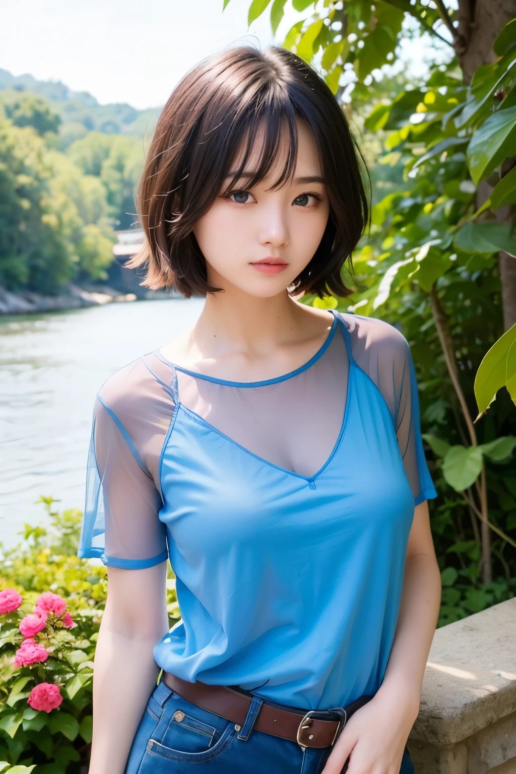 ((Highest quality)), ((masterpiece)), (detailed),, , Black Hair,(Childish face), (Bob Hair), Girl, big Breasts, topless, ((Blue eyes)),half-smile ,Sunlight, cowboy shot ,  , Thea Shirt, , riverbank, flower garden,(See-through shirt),