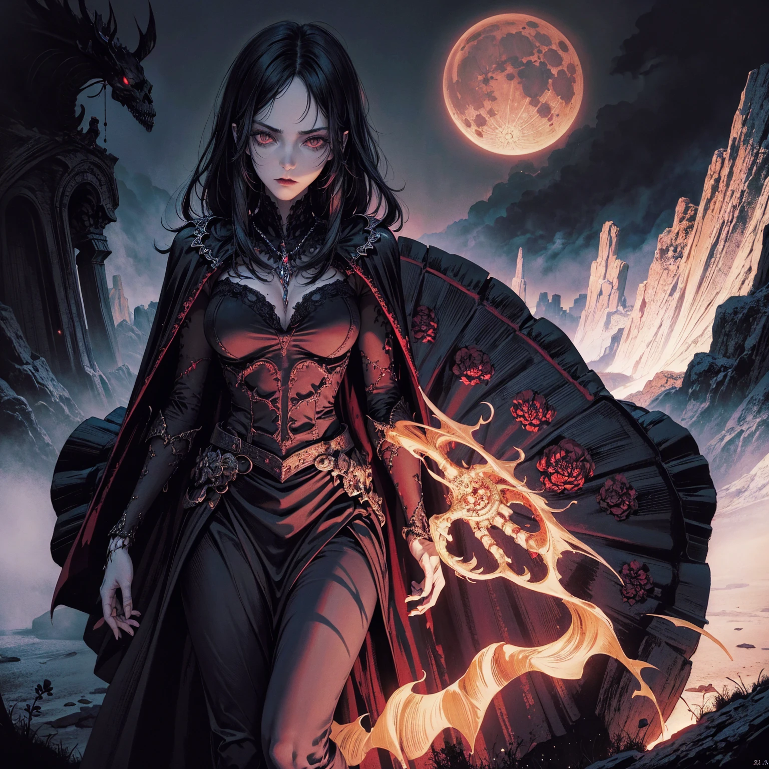 best quality, 4K, high resolution, masterpiece:1.2, Very detailed, actual:1.37, Mood lighting, Female undead half-skeleton lich in a long cape, Left face has no flesh but a skeleton skull, Right hand and arm has no flesh but skeleton bones, Wearing a ragged gothic skirt, Aloofness emotion, Dangerous sneer, Black Hair, Standing, Facing the camera, Crucified, Pitch black sky, Blood-red moon, strange atmosphere, Gothic style, Unforgettable beauty, Dramatic shadows, Ethereal Light, Mysterious atmosphere.