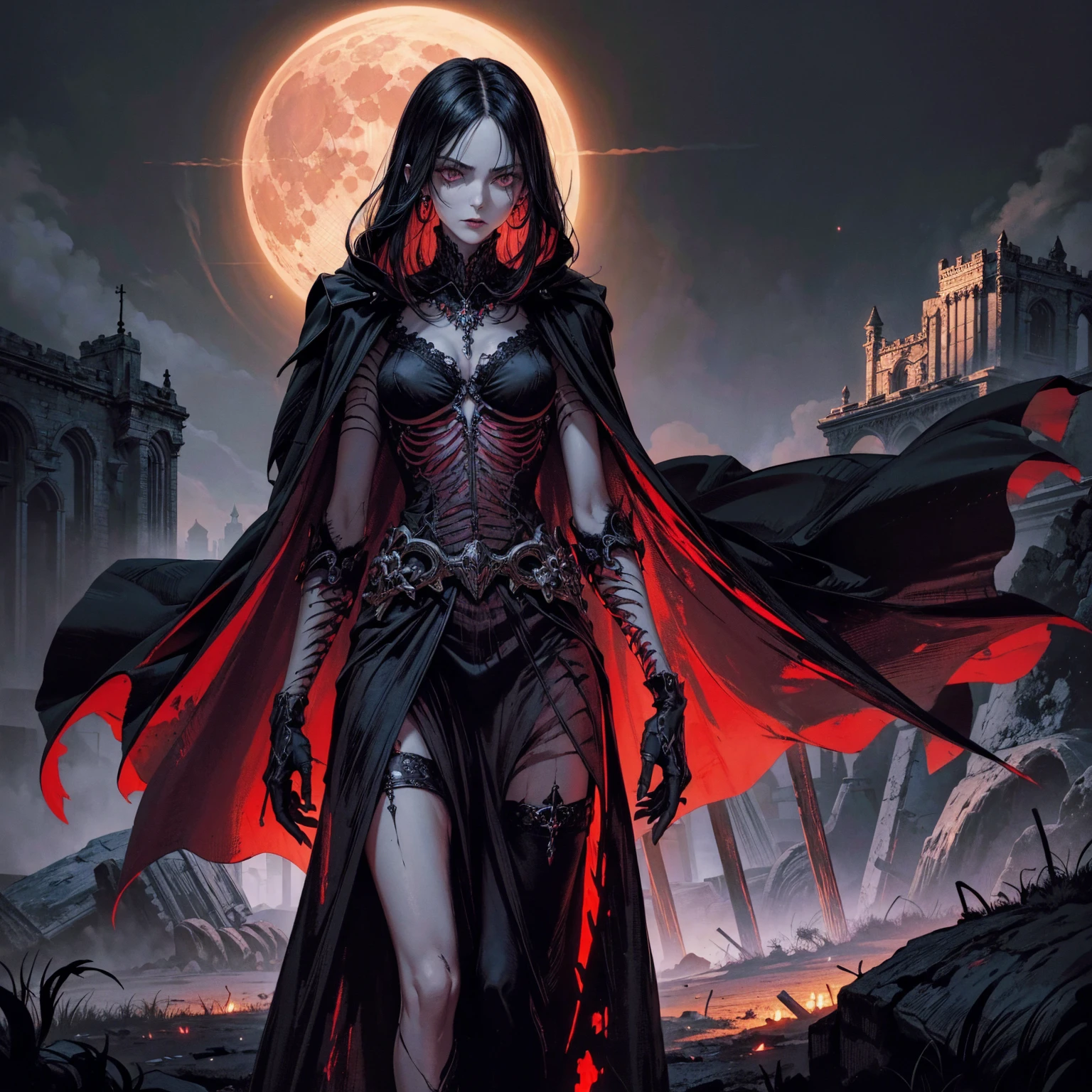 best quality, 4K, high resolution, masterpiece:1.2, Very detailed, actual:1.37, Mood lighting, Female undead half-skeleton lich in a long cape, Left face has no flesh but a skeleton skull, Right hand and arm has no flesh but skeleton bones, Wearing a ragged gothic skirt, Aloofness emotion, Dangerous sneer, Black Hair, Standing, Facing the camera, Crucified, Pitch black sky, Blood-red moon, strange atmosphere, Gothic style, Unforgettable beauty, Dramatic shadows, Ethereal Light, Mysterious atmosphere.