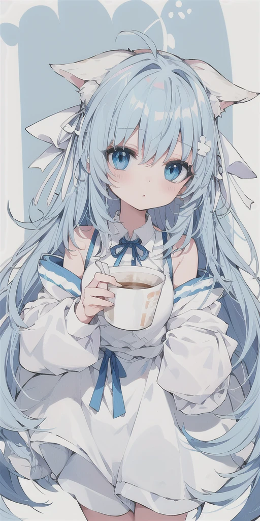 Milk tea hair,Light blue eyes,long,White ribbon,Dog Ears