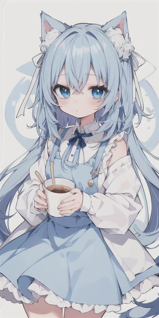 Milk tea hair,Light blue eyes,long,White ribbon,Dog Ears