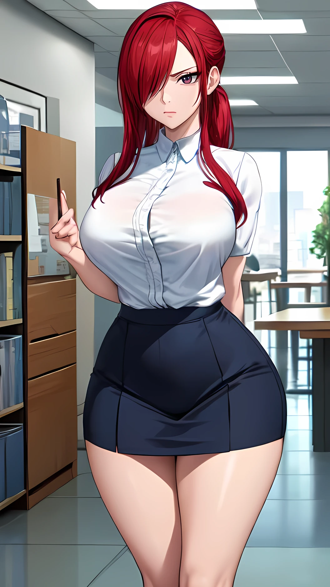 front view detailed body, long belly , slender body, tight body , thicc, large breast, breast, long thighs, masterpiece, long hair, very long hair, bangs, red hair,side ponytails, lucy heartfilia, red hair, Hair covers one eye, erzascarlet, cowboy shot, front shot, looking at viewer, shirt,put clothes in, skirt, pencil, stockings, office suit, office lady, office, indoors, 20yo,Young female,Beautiful Finger,Beautiful long legs,Beautiful body,Beautiful Nose,Beautiful character design, perfect eyes, perfect face,expressive eyes, looking at viewer,(Full_body),(Focus on her face), official art,extremely detailed CG unity 8k wallpaper, perfect lighting,Colorful, Bright_Front_face_Lighting,shiny skin, (masterpiece:1.0),(best_quality:1.0), ultra high res,4K,ultra-detailed, photography, 8K, HDR, highres, absurdres:1.2, Kodak portra 400, film grain, blurry background, bokeh:1.2, lens flare, (vibrant_color:1.2) (Beautiful,large_Breasts:1.4), (beautiful_face:1.5),(narrow_waist), facing the viewer