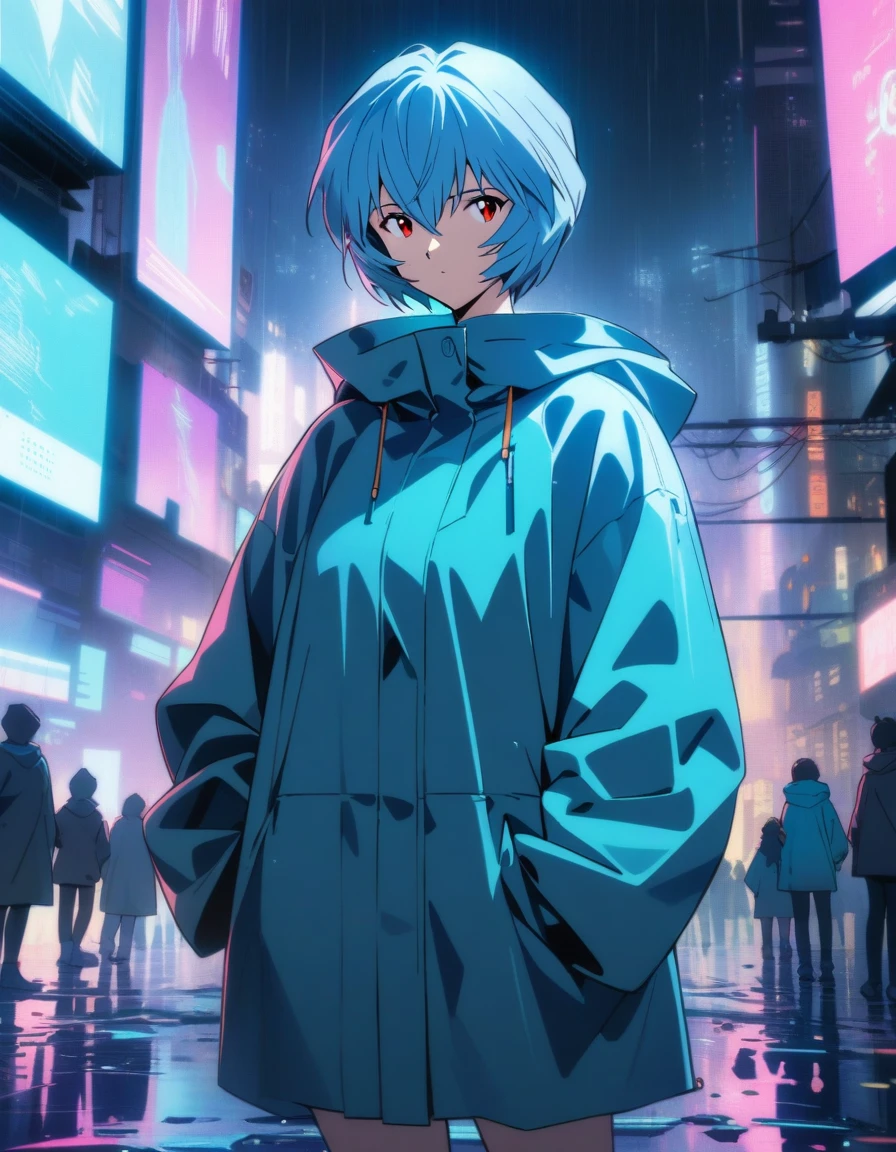 1girl, ayanami rei, neon genesis evangelion, blue short hair, red eyes, cool color palette. Futuristic cyberpunk city at night, neon lights reflecting off rain-slicked streets. Girl standing in the rain wearing a sleek, high-tech raincoat with a hood pulled up, surrounded by holographic displays. Anime art style. Hood framing the face, creating interesting shadows and light play. Raindrops creating a misty atmosphere, cool-toned puddles reflecting the city lights. Deep blues, purples, and cool teals dominating the color scheme. Raincoat and hood with subtle, futuristic design elements glowing softly in the neon-lit night. Masterpiece, best quality, absurdres,cowboy shot