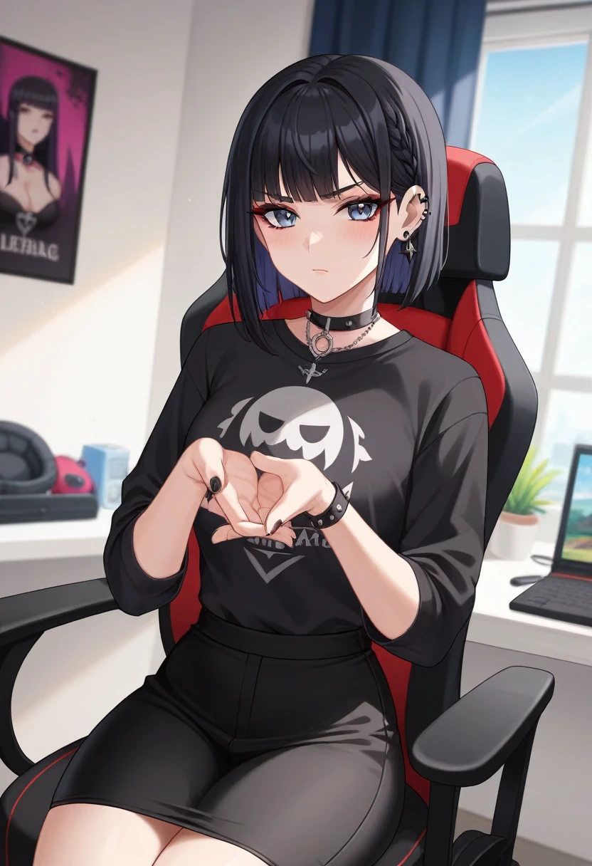 Adult, Female, Black hair, goth girl, gothic aesthetic, goth clothing, goth make up, thick thighs, medium chest, annoyed, disgruntled, sitting in gaming chair, gt racing chair, bedroom, gothic bedroom, aesthetic bedroom, Masterpiece, Accurate, Anatomically Correct, Best Quality, High Details, Detail, Super Detailed, Best detail, Perfect detail, Amazing detail, [-3, 3], perfect hands, best hands, best fingers, perfect fingers, perfect body, best body, amazing body, Looking at viewer, front facing, upper body shot,