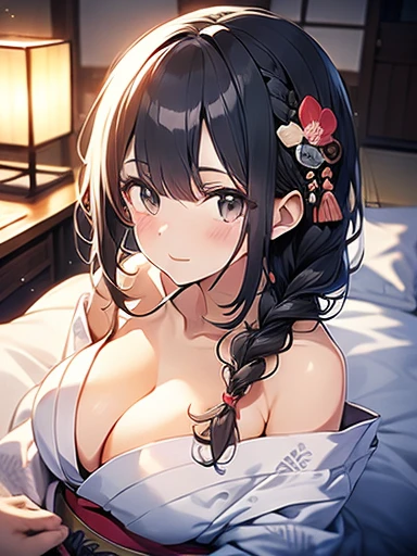 In 8K、Highest quality、masterpiece、Ultra-detailed、Ultra-high resolution、Anime Style、Traditional Japanese room、night、Dark room with no windows、Black-haired、Braided hair、Light-colored yukata、On the futon、Cleavage、Exposing shoulders、Sleep on your back