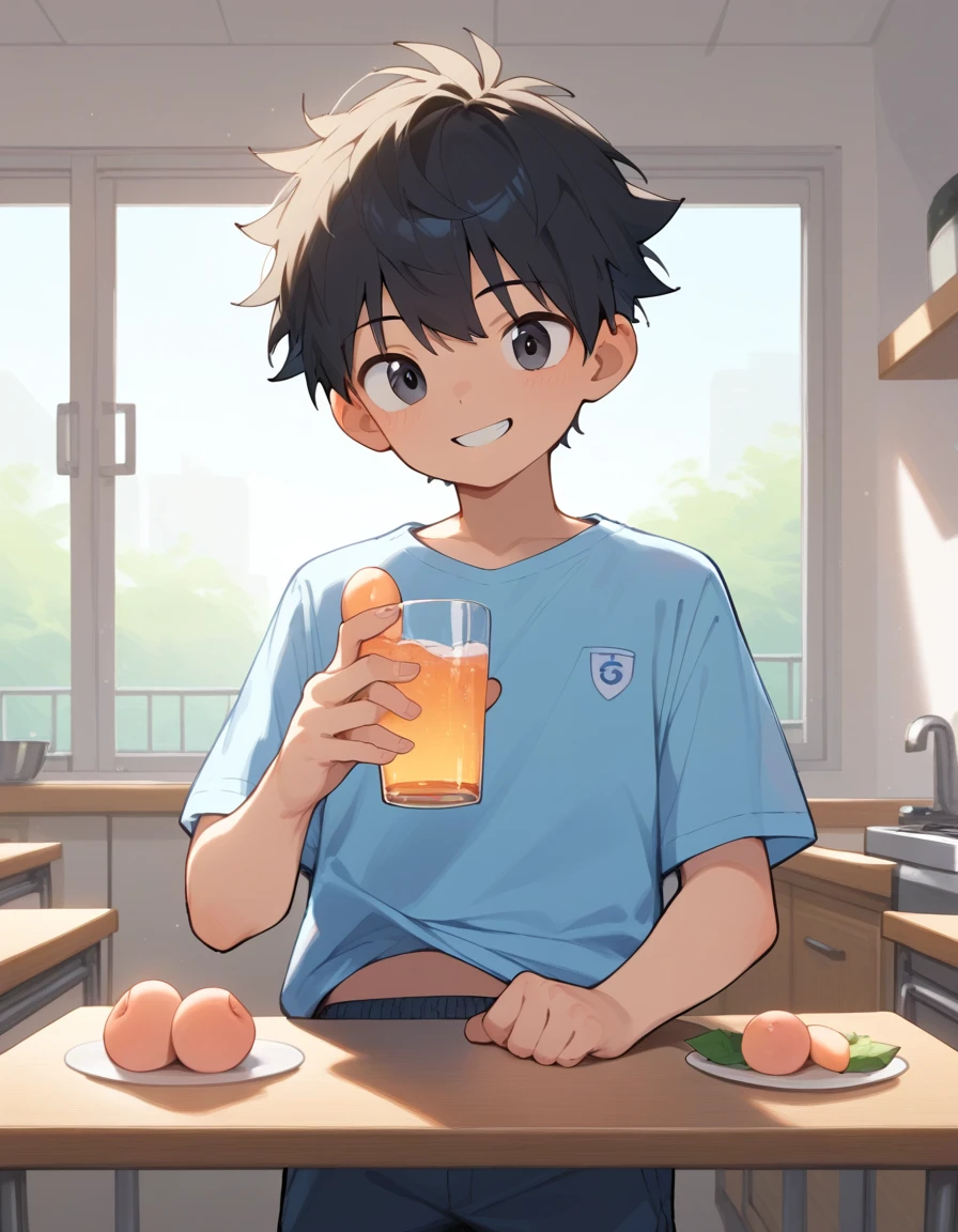 score_9, score_8_up, score_7_up, score_6_up, score_5_up, score_4_up, 1boy, **** boy, schoolboy, junior high school student, black hair, short hair, black eyes, smile, room wear, kitchen, peach on a table:1.5, holding a glass of Carbonated water, from front, cowboy shot, look at viewer, 
