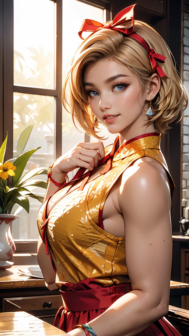 Illustration design, Delicate characters, Windows, table, Brown Hair, Big eyes, A long cheongsam with a Chinese design、24 year old Caucasian female、Platinum Blonde、Accessories on your wrist、Hair pulled up and tied back((hair pulled back))、Long eyelashes((longeyelasheature female body、Sexy proportionakeup、hair band((hair ribbon))、Textured skin((textured skin))、smile