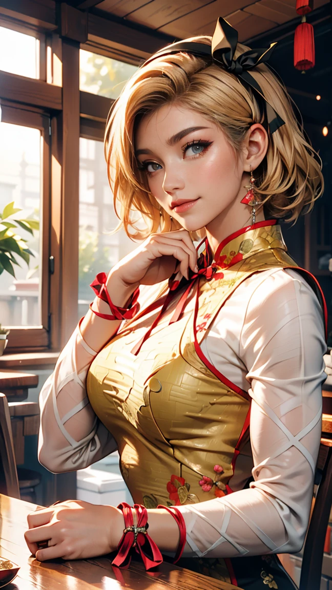 Illustration design, Delicate characters, Windows, table, Brown Hair, Big eyes, A long cheongsam with a Chinese design、24 year old Caucasian female、Platinum Blonde、Accessories on your wrist、Hair pulled up and tied back((hair pulled back))、Long eyelashes((longeyelasheature female body、Sexy proportionakeup、hair band((hair ribbon))、Textured skin((textured skin))、smile