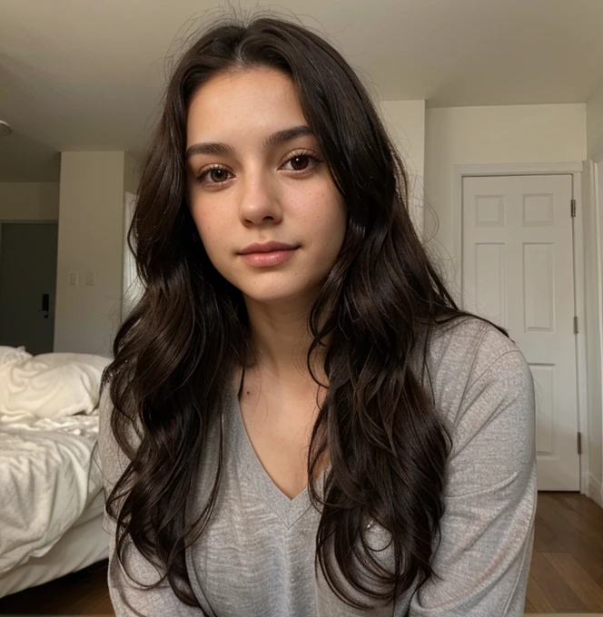 22 year old woman, dark wavy hair, thin brown eyes