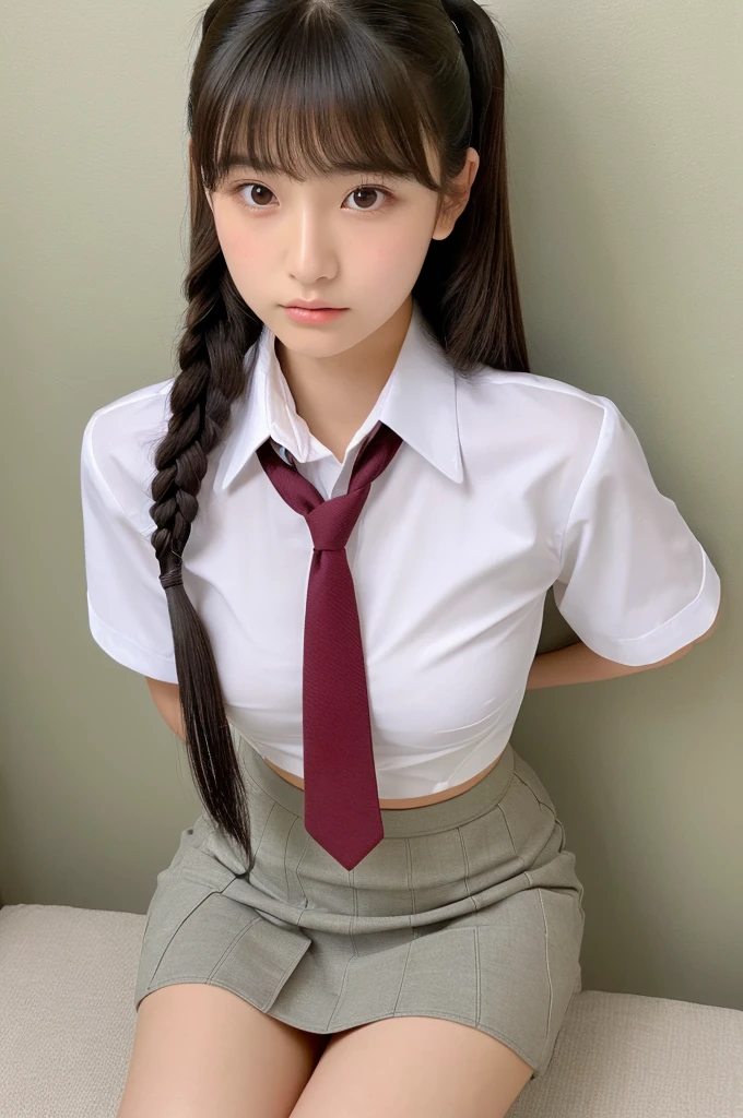 ((highest quality, masterpiece :1.3)), Photorealistic、Ultra-high resolution、Natural skin texture、Hyperrealism、Photograph from the knee up、 Japanese beautiful girl、Twin tail hair、well-shaped breasts、Tight white collared shirt and tie、mini skirt、Contemptuous expression