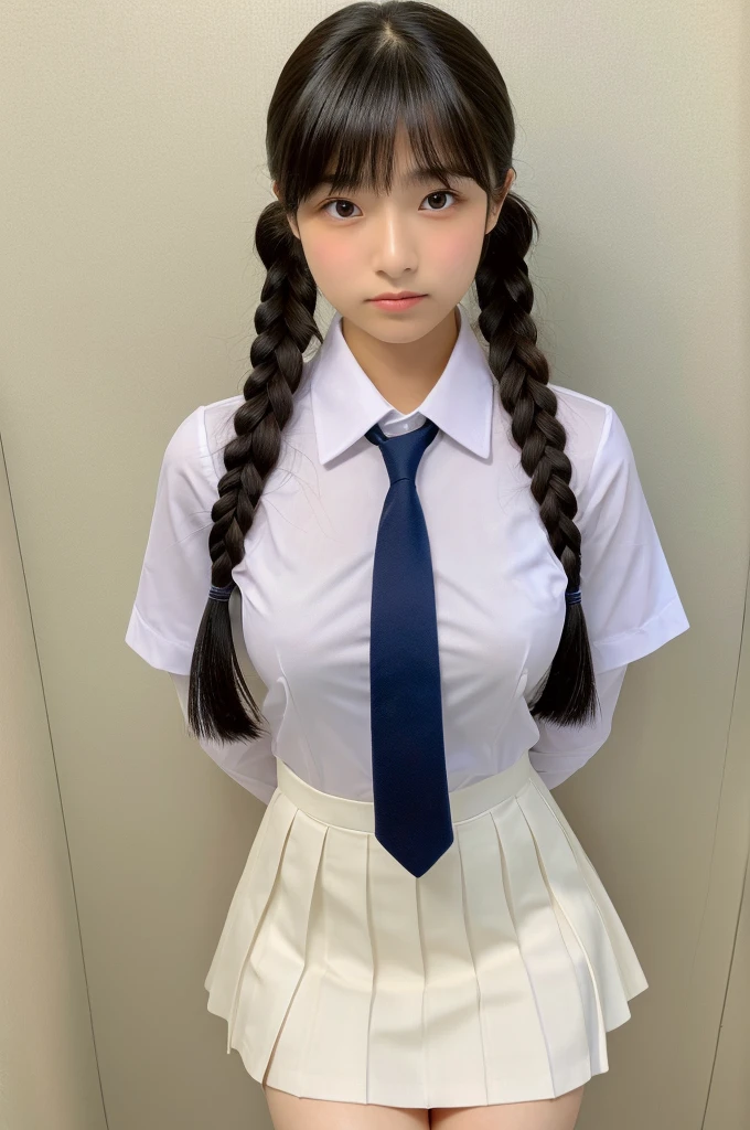 ((highest quality, masterpiece :1.3)), Photorealistic、Ultra-high resolution、Natural skin texture、Hyperrealism、Photograph from the knee up、15 year old Japanese beautiful girl、Twin tail hair、well-shaped breasts、Tight white collared shirt and tie、mini skirt、Contemptuous expression