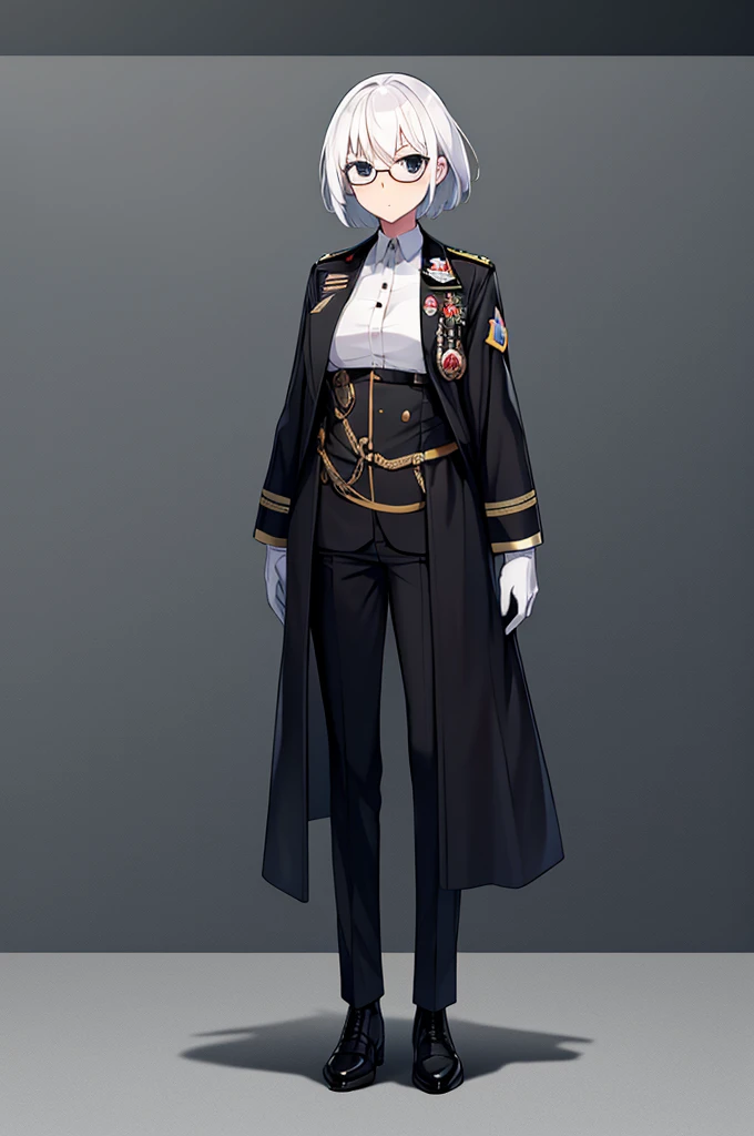 Masterpiece, 1girl, solo, female, white hair, short hair, black eyes, mature women, female military officer, badges, black trench coat, black pants, insignia, military medals, standing, full body shot's, looking at viewers, glasses, white gloves, SFW, flat breast 