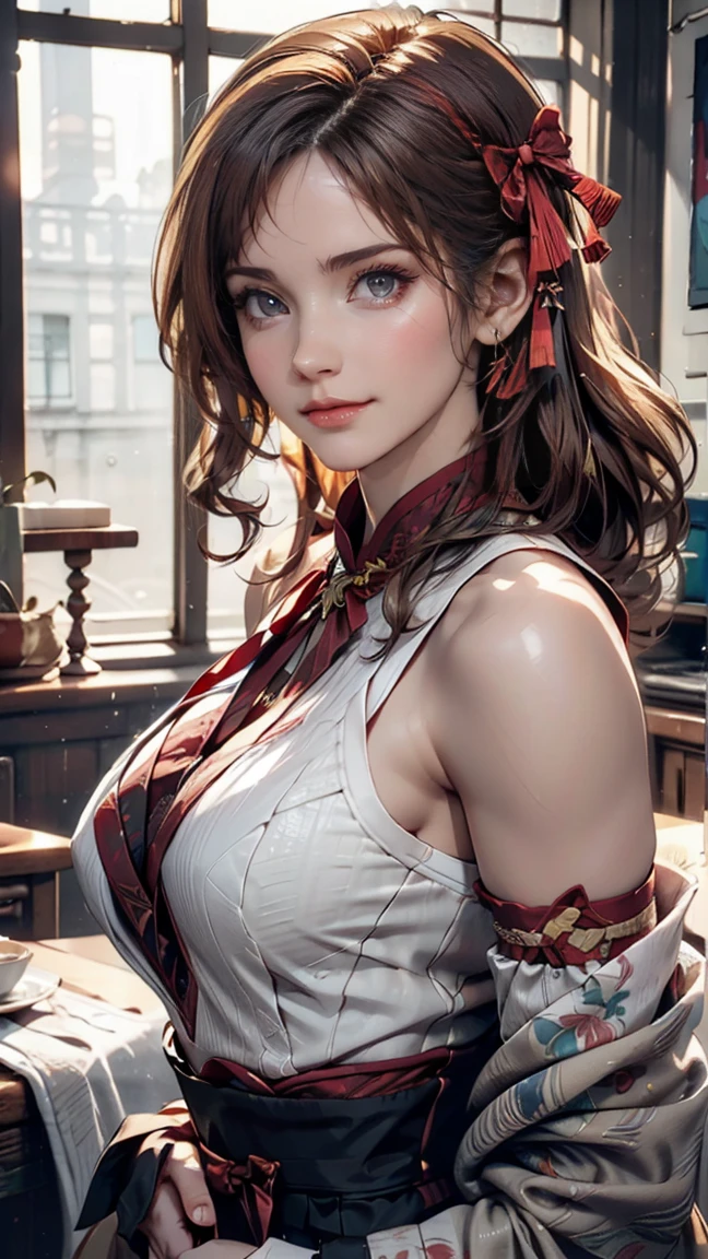 Illustration design, Delicate characters, Windows, table, Brown Hair, Big eyes, A long cheongsam with a Chinese design、24 year old Caucasian female、Platinum Blonde、Accessories on your wrist、Hair pulled up and tied back((hair pulled back))、Long eyelashes((longeyelasheature female body、Sexy proportionakeup、hair band((hair ribbon))、Textured skin((textured skin))、smile
