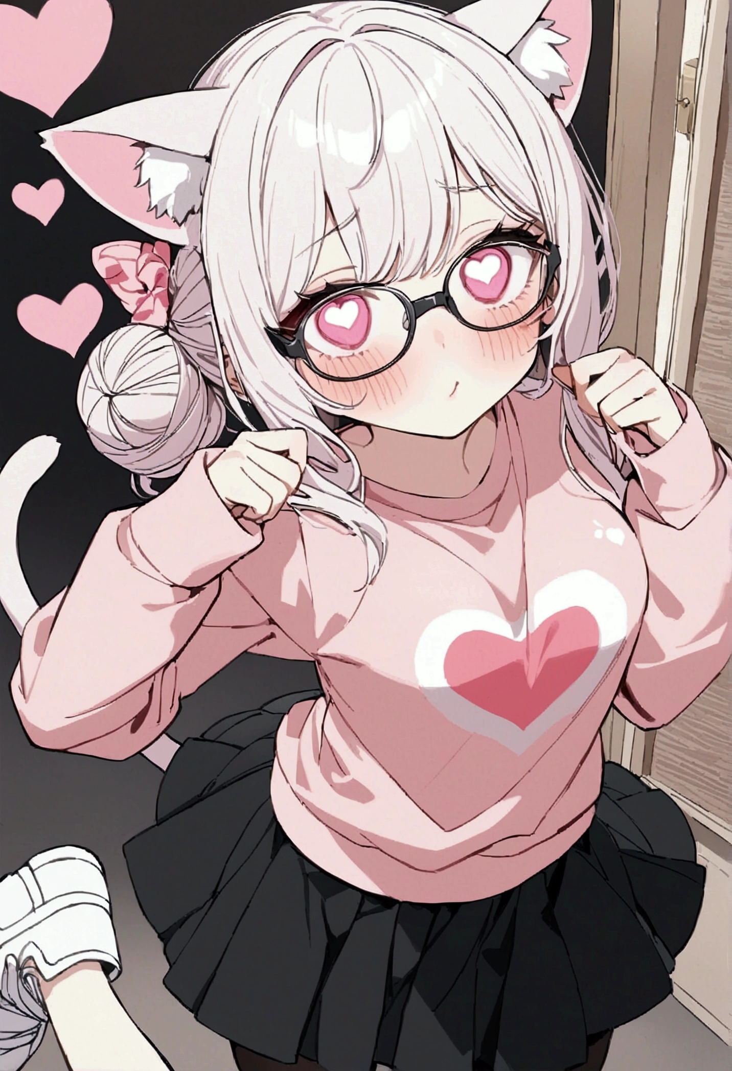I have white pink hair, cat ears, a bun, my face is super blushing, black glasses, pink heart eyes, a big pink sweatshirt, a black skirt, black stockings, white shoes, a cat's tail, a girl. very shy that her parents are millionaires