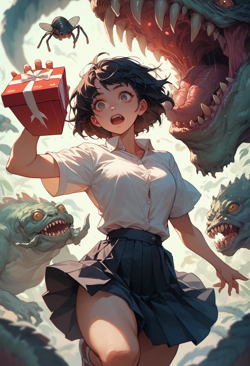 Very detailed、whole body、Short black hair、Wear a white button-up shirt、Wear a red box pleated skirt、A fluffy, grey monster with a big mouth who flies through the air on a top.、Woman clinging to a monster