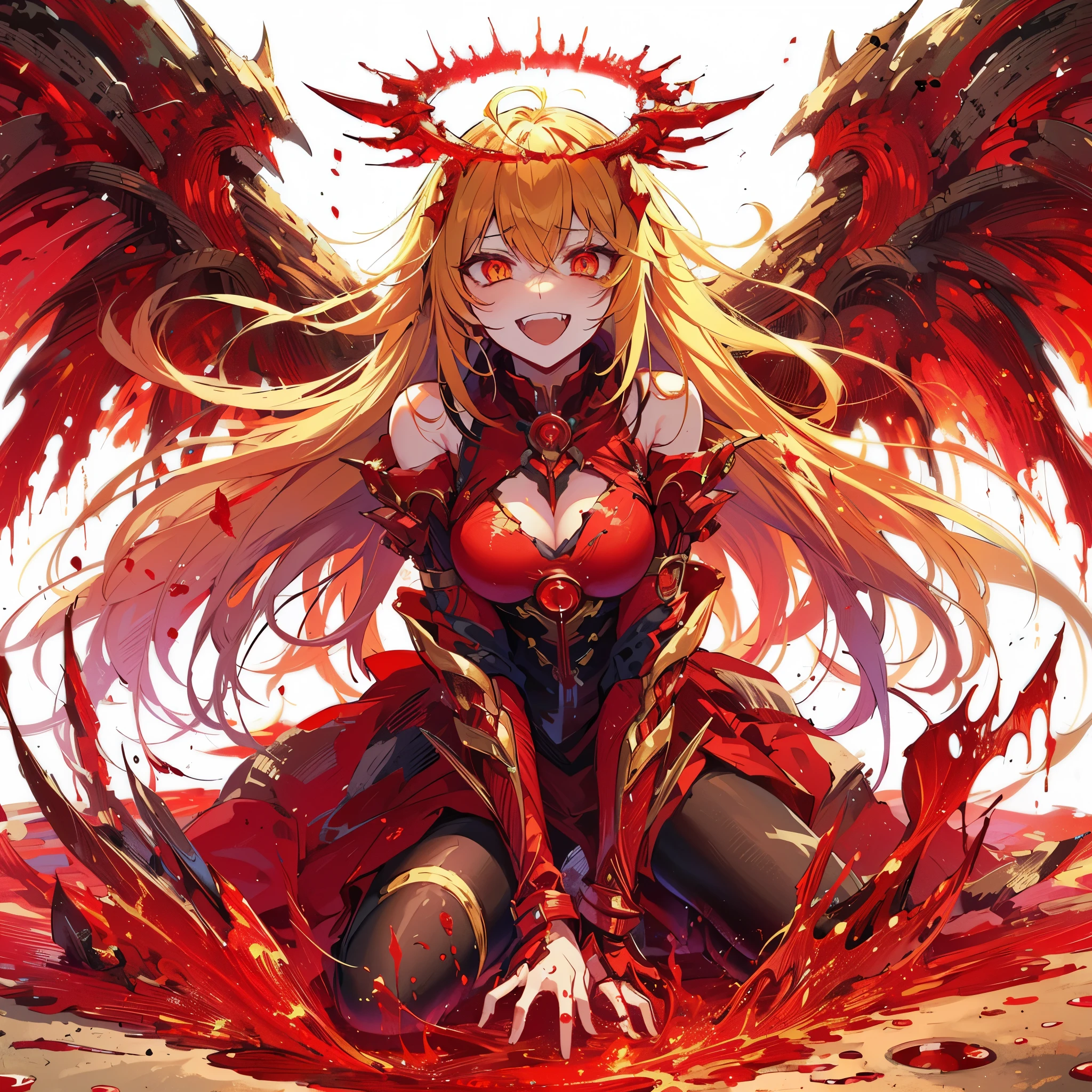 (Masterpiece, top quality), (fine hair), super detailed, anime style, solo, full body, Cyberpunk vampire girl, head on blood halo, gold hair, Sheathing the blood sword, red pupils, SMILING-JAGGED-TEETH, spread wing shaped blood, massive, masculine, red wrestle costume, long boots, supernatural flame, ultra-massive, very mascular, white background, full body standing, standing on desolate earth. red liquid metal boiling and seething at Her feet,