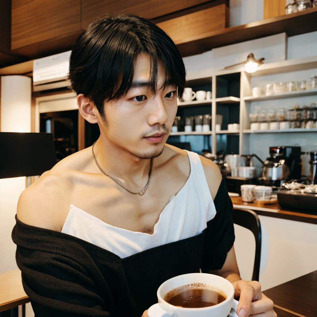 Korean man with above-the-shoulder hair.
drinking coffee in Tokyo 