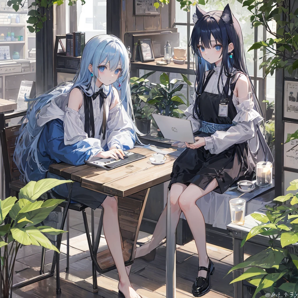 Fairly long hair down、A little bluish、first round、woman、Coffee on a wooden desk、Lots of sugar、Beautiful chair、One laptop、Stylish cafe、Black hooded jersey、White shorts、Small, plain white earrings、Container with sugar、Shoulder Bare、2Contrasting sisters