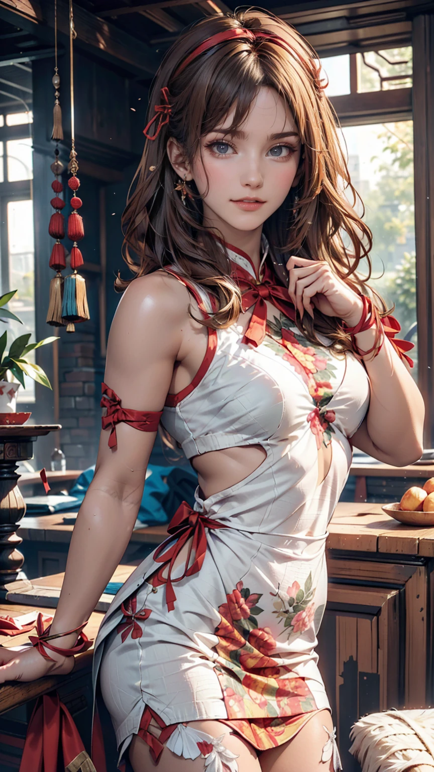 Illustration design, Delicate characters, Windows, table, Brown Hair, Big eyes, A long cheongsam with a Chinese design、24 year old Caucasian female、Platinum Blonde、Accessories on your wrist、Hair pulled up and tied back((hair pulled back))、Long eyelashes((longeyelasheature female body、Sexy proportionakeup、hair band((hair ribbon))、Textured skin((textured skin))、smile