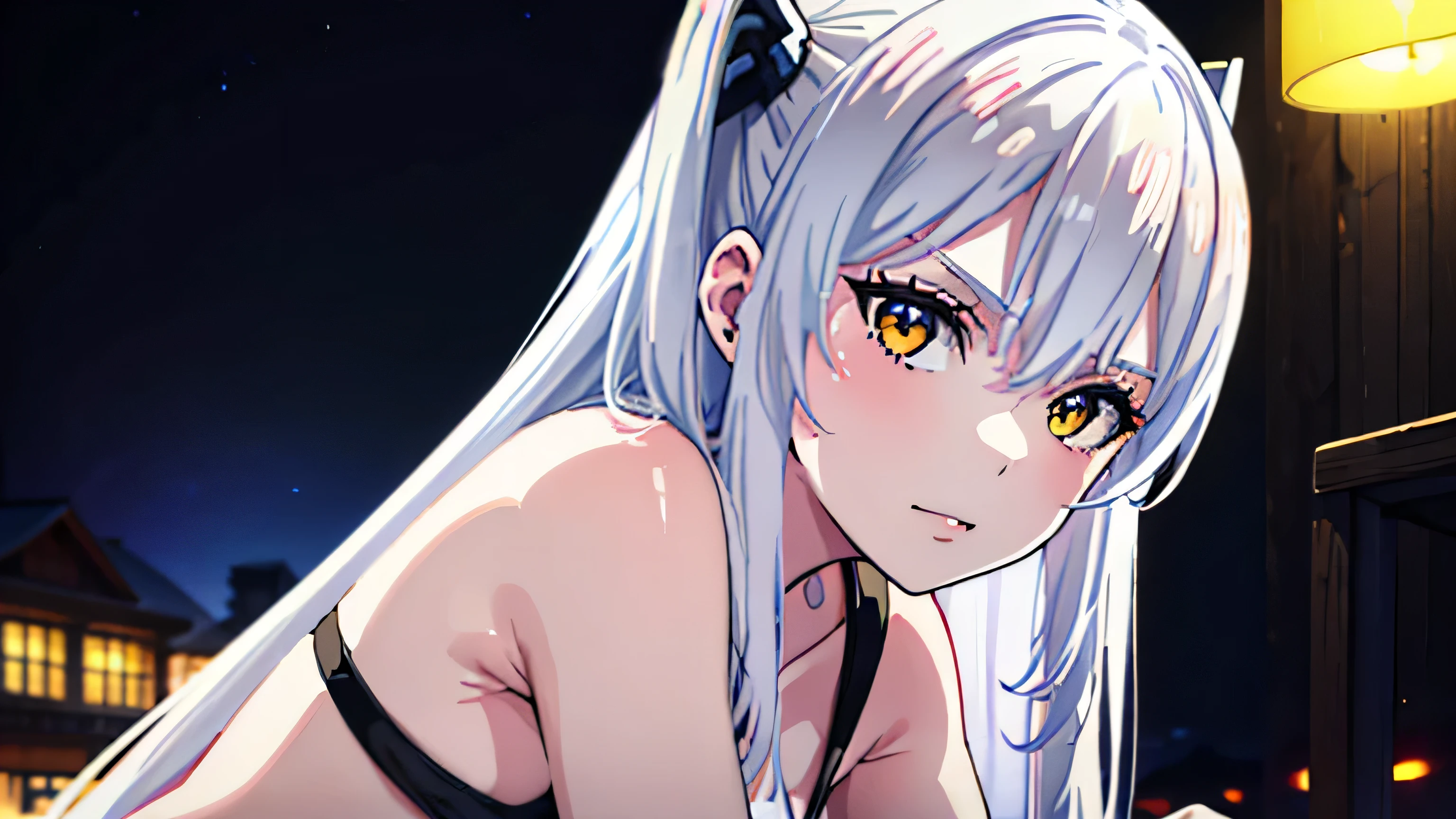 perfect eyes, detailed eyes, 1girl, cute, surrounded by yellow lighting, gold eyes, white hair, black background, closeup, no smile, masterpiece, ultra detailed, beautiful,(detailed), 1girl, looking at viewer, good face, good eyes, beautiful face, good mouth, good nose, glowing eyes, leaning forward, long white hair, twintails, colorful thighighsa, woman in a bikini sitting on a dock next to a building, realistic bikini, at the beach, swimsuit, is wearing a swimsuit, from girls frontline, in the beach, in a bikini, black bikini, attractive anime girl, at a beach, arms up, hot body, white hair, perfect lip, perfect face, perfect eyes,