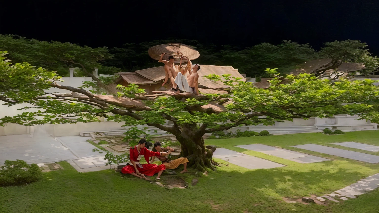 there are two men sitting on a tree in the yard, competition winning, very artistic pose, kuntilanak on bayan tree, harmony of nature, artistic pose, sitting on a tree, with a tall tree, leaping from babaob tree, an artistic pose, lush plants and bonsai trees, with a tree in the background, kuntilanak on tree