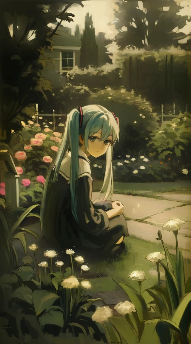 hatsune miku,best quality, aesthetic, by iwzry, by solipsist, 1girl, young girl, at garden