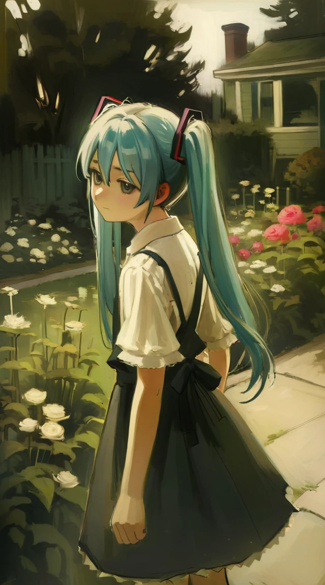 hatsune miku,best quality, aesthetic, by iwzry, by solipsist, 1girl, young girl, at garden
