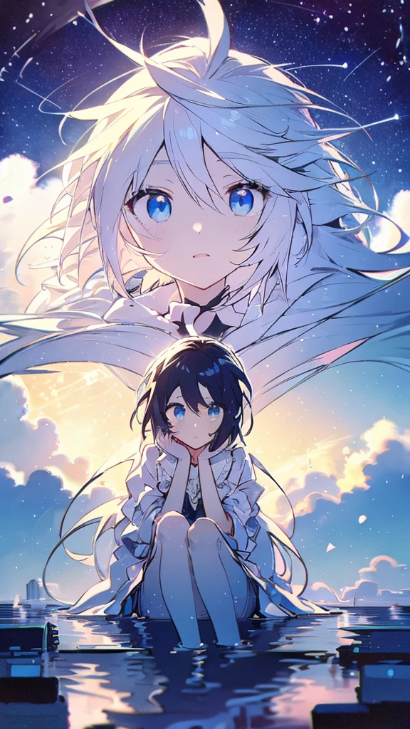 Seven-doppelganger shot,Anime style 4K,High quality anime art style,Standing painting,Splash ink background,Blue Themes、Pure white background,Buildings,Face close-up,Buildings,Moon and sun、Shining Star々,milky way,Bright Sky,Looking at me,Facing forward,Clear eyes and nose,cute,beautiful,Thin legs,sitting by the water, black hair, Blue eyes, girl, bob, front, cute,Blue Background,Blonde,Short Bob