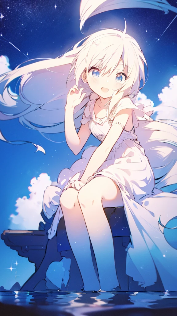 Seven-doppelganger shot，Anime style 4K,High quality anime art style，Standing painting，Splash ink background，Blue Themes、Pure white background,Buildings,Face close-up,Buildings,Moon and sun、Shining Star々,milky way,Bright Sky,Looking at me,Facing forward,Clear eyes and nose,cute,beautiful,Thin legs,sitting by the water, black hair, Blue eyes, girl, bob, front, cute,Blue Background,Blonde,Short Bob