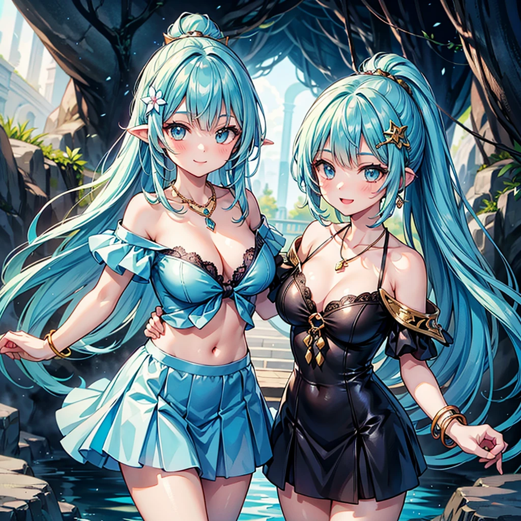 Anime Moe Art Style,Highest quality,High resolution,Anatomically correct,One Girl,Mid-s,Girl with light blue hair in a ponytail,Very detailed,Fantasy-style world,Off-the-shoulder tops,mini skirt,Big Breasts,Rich expressiveness,smile,cave,Hold the dagger,Detailed drawn eyes,hair ornaments,necklace,bracelet,8k