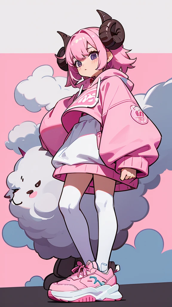Pink sheep themed characters, Wearing big sneakers, サイバーパンク, Ram&#39;s horn, Keep the background simple, Magazine cover design, Pale pink hair, cloud hair, light smile, closed eyes, pink hair, whole body, Magazine Cover, projected inset, UHD, highres, best quality, 8k