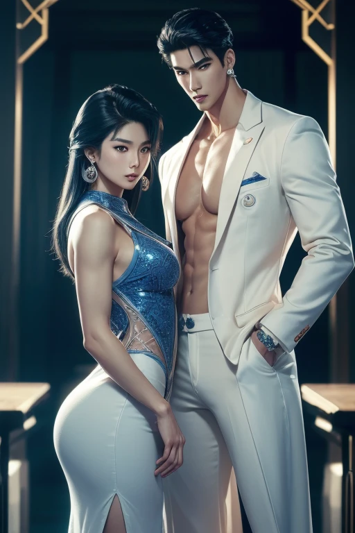 (8k masterpieces,crystal clear Korea skin and complxions, best quality,Higher quality ,girl, intricate details, chromatic aberration), 9no aberrations0(realistic),(skin), ((breath)),detailed hair,blue highlights, ambere eyes, earrings, sharp eyes,((symmetry eyes)),((perfect symmetrical body))handsome males,muscle,((absurdres, highres, ultra detailed)handsome, tall quite muscular Anime tall quite muscularyoung man Korean man full body figure A 80s Korean power business couple male and female almost 80s korean modellike for both males females cute attractive good looking handsome Negative Prompts