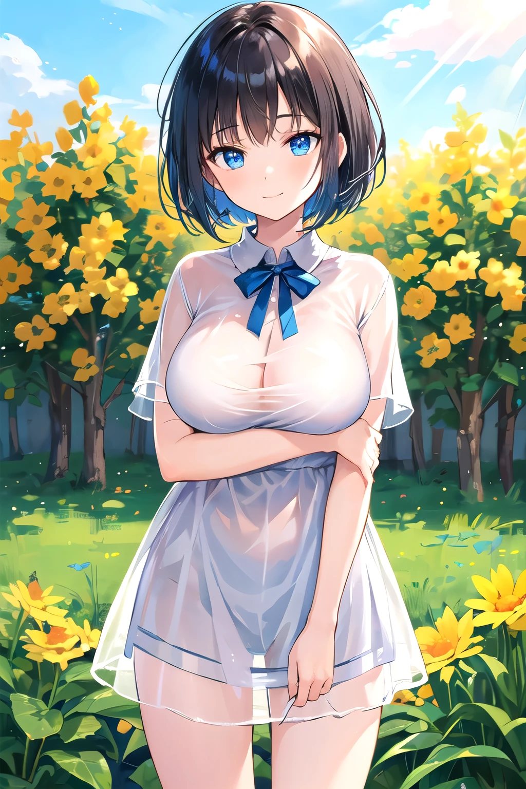 ((Highest quality)), ((masterpiece)), (detailed),, , Black Hair,(Childish face), (Bob Hair), Girl, big Breasts, topless, ((Blue eyes)),half-smile ,Sunlight, cowboy shot , , Thea Shirt, , riverbank, flower garden,(See-through shirt),