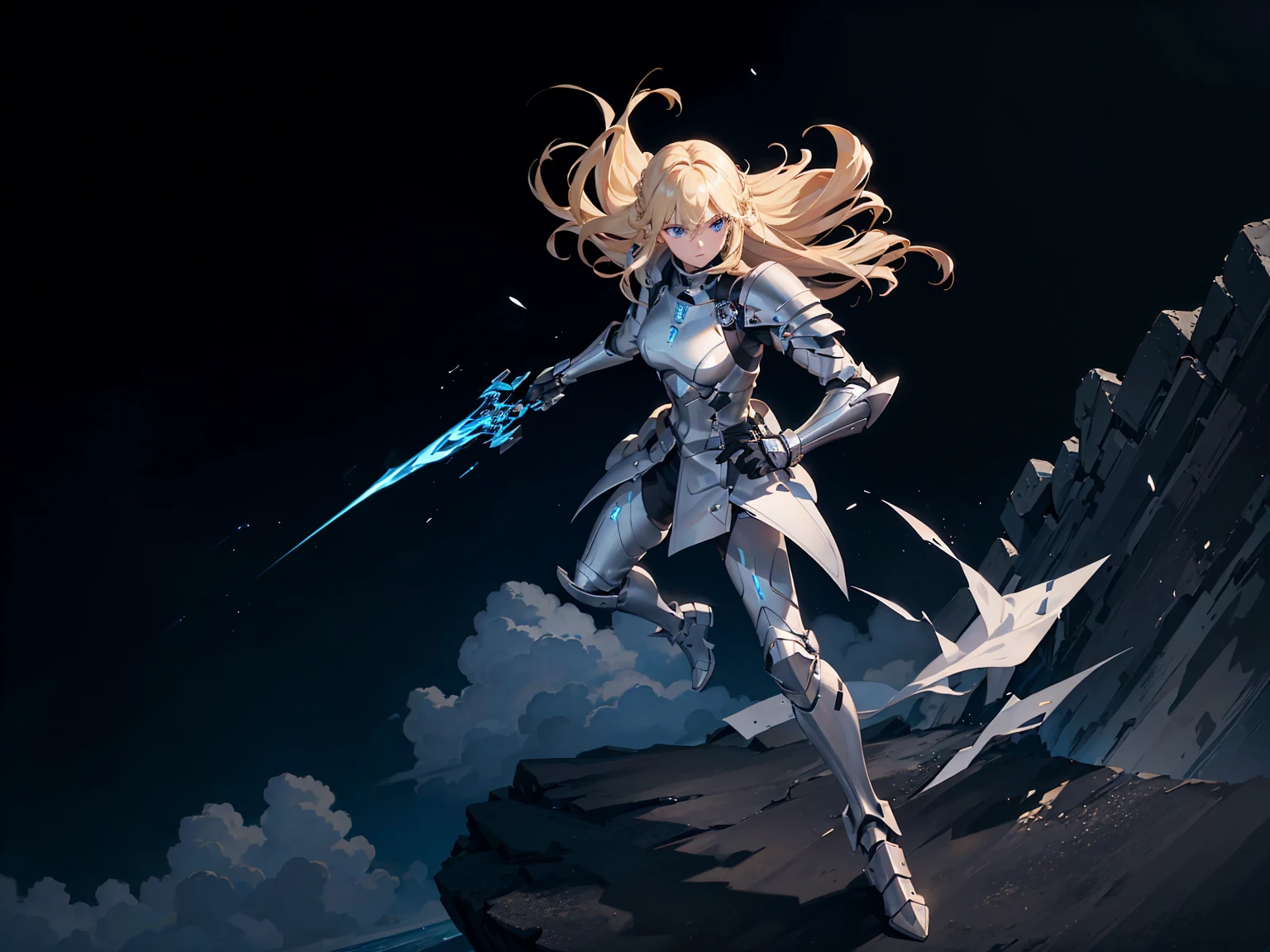 18 years old, blond hair, flowing blond hair, blue eyes, in a full body black armor, show navel, black leggings, futuristic, masterpiece, high quality, with a lightning energy in hand, shoulders exposed, gloves, ready to fight pose, 4k, overhead view, solo character