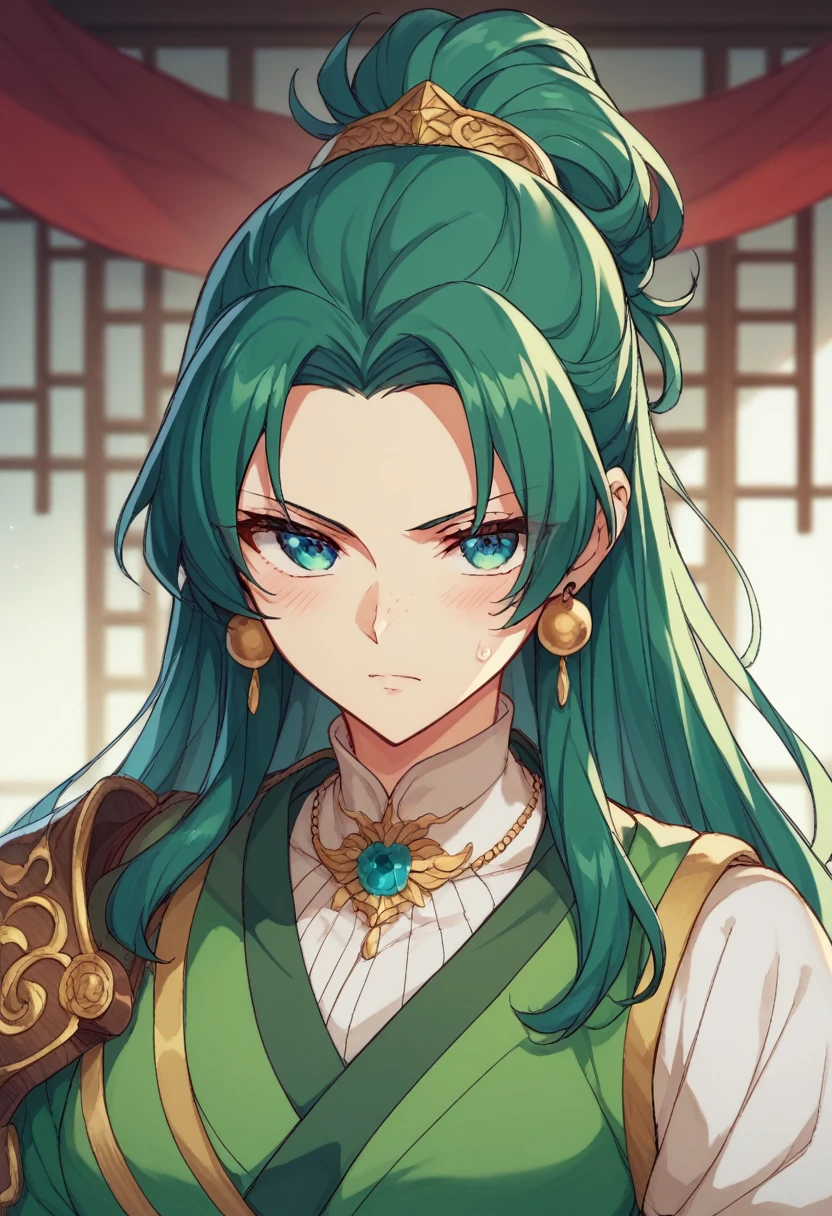 A character in the art style of the anime called "the apothecary diaries". She is a fighter, but wears traditional blue green clothes, her hair are deep black. (2d) (copy the anime art style)