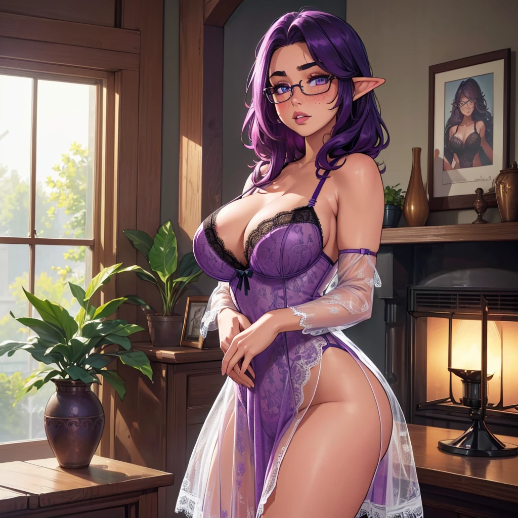 (Solo:1.2), (1girl:1.2), 21 years old, very attractive, elf, purple hair, freckles, thick eyebrows, (incredibly large breasts:1.3), small waist, (Lacy lingerie dress:1.4), glasses, hair styled beautifully, gorgeous makeup, dark lipstick, full lips, (in low light living room:1.2), happy, seductive, (blushing heavily:1.2), beautiful eyes (masterpiece, high resolution, ultra detailed eyes, ultra realistic, beautiful lighting, 4K, 8k, highly detailed)