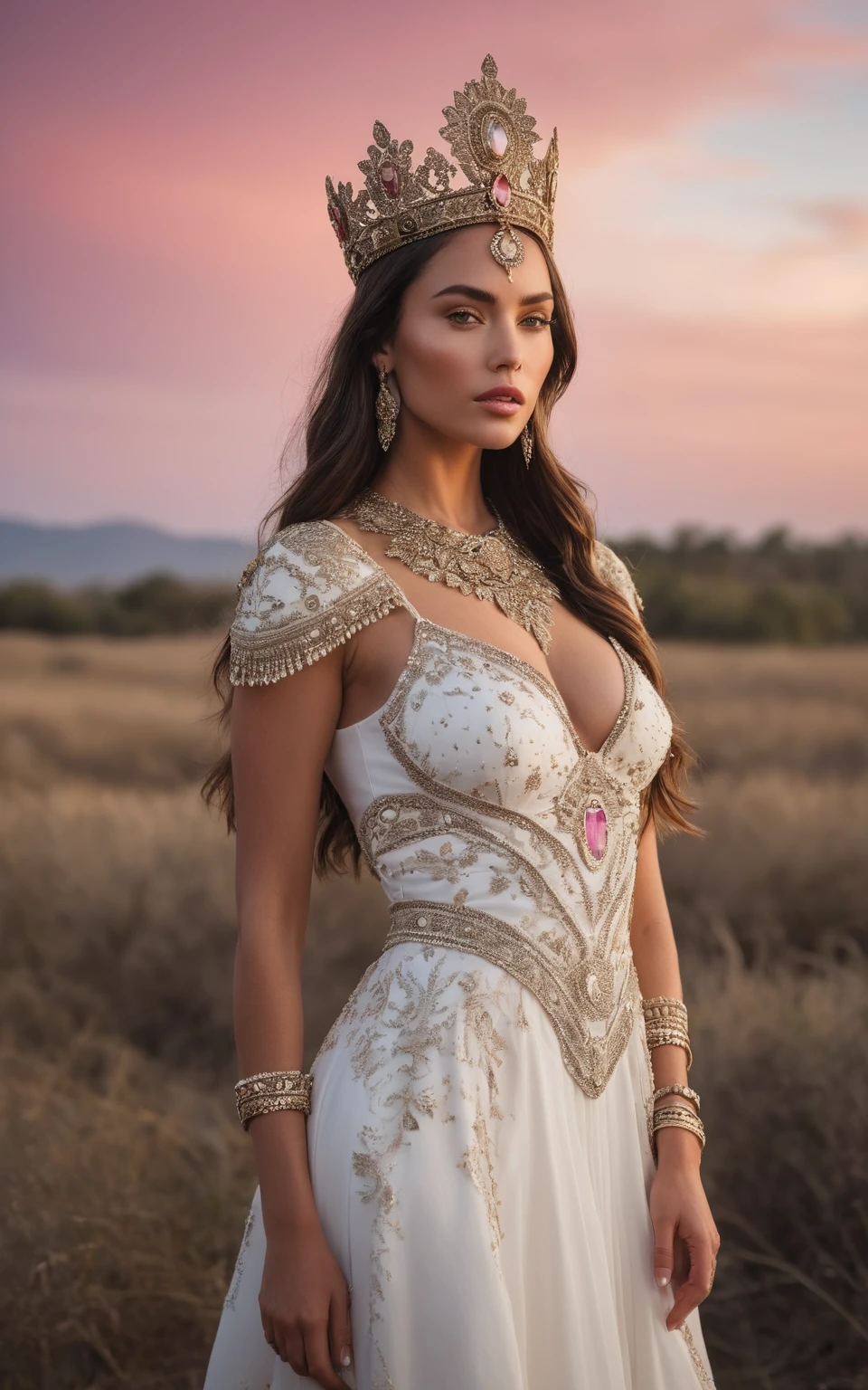 arafed woman in a white dress and a crown standing in a field, beautiful mexican woman, aztec princess portrait, olivia culpo as milady de winter, isabela moner, beautiful tan mexican woman, cinematic goddess shot, ana de armas as joan of arc, portrait of megan fox as a queen, aztec empress, gold adornements. pink sky 